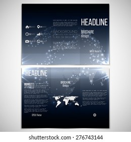 Vector set of tri-fold brochure design template on both sides with world globe element. Abstract flash background, dark night style vector pattern.