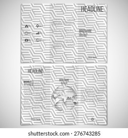 Vector set of tri-fold brochure design template on both sides with world globe element and repeating modern stylish geometric cubes.  Simple abstract monochrome vector texture.