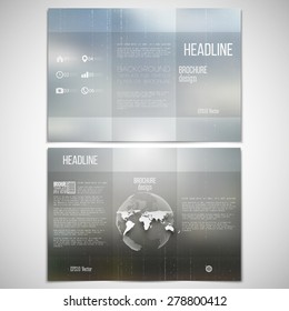 Vector set of tri-fold brochure design template on both sides with world globe element. Abstract blurred natural background. Summer vector pattern.