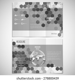 Vector set of tri-fold brochure design template on both sides with world globe element. Hexagonal modern stylish geometric monochrome background. Gray honeycombs on white background.