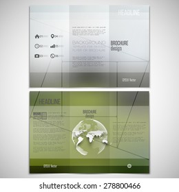 Vector set of tri-fold brochure design template on both sides with world globe element. Mosaic pattern, minimalistic geometric transparent shapes on blurred natural background, vector illustration.