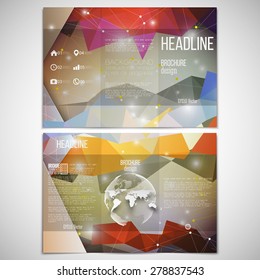 Vector set of tri-fold brochure design template on both sides with world globe element. Abstract colorful geometric background, science molecular pattern, triangle style pattern vector.