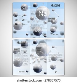 Vector set of tri-fold brochure design template on both sides with world globe element. Three dimensional glowing spheres, blue background. Abstract molecule metals. Scientific background.