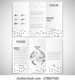 Vector set of tri-fold brochure design template on both sides with world globe element. Molecular black structure on white background. Business or science style, vector illustration