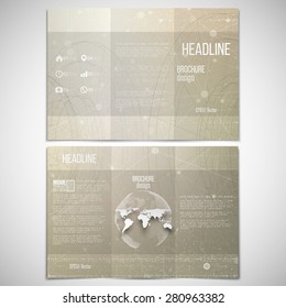 Vector set of tri-fold brochure design template on both sides with world globe element. Abstract technical retro background. Conceptual molecular vector pattern.