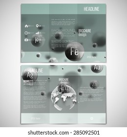 Vector set of tri-fold brochure design template on both sides with world globe element. Three dimensional glowing steel spheres, gray background. Abstract molecule metals. Scientific background.