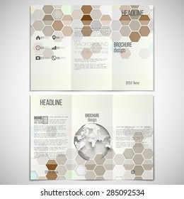 Vector set of tri-fold brochure design template on both sides with world globe element. Hexagonal modern stylish geometric brown background. Colored honeycombs on white background.
