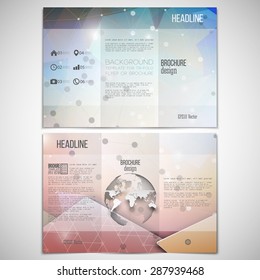 Vector set of tri-fold brochure design template on both sides with world globe element. Abstract colorful geometric background, science molecular pattern, triangle style pattern vector.