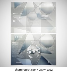 Vector set of tri-fold brochure design template on both sides with world globe element. Abstract pattern with the reflection of environment on blurred background, minimalistic vector illustration.
