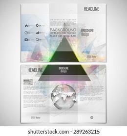 Vector set of tri-fold brochure design template on both sides with world globe element. Abstract triangle banner, molecule structure backdrop, vector illustration.