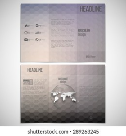 Vector set of tri-fold brochure design template on both sides with world globe element. Abstract blurred background. Colorful hexagonal vector pattern.