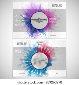 Vector set of tri-fold brochure design template on both sides with world globe element. Abstract circle white banners, watercolor stains and vintage style star burst, vector illustration.