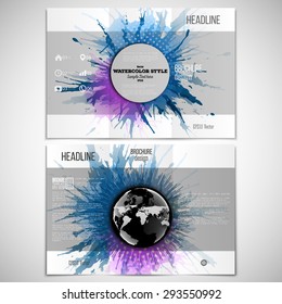 Vector set of tri-fold brochure design template on both sides with world globe element. Abstract circle banners, watercolor stains and vintage style star burst, vector illustration.