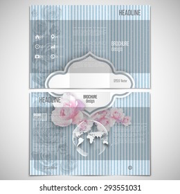 Vector set of tri-fold brochure design template on both sides with world globe element. Pink flowers over linear blue background, floral vector pattern.