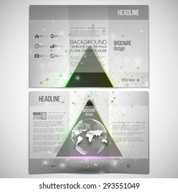 Vector set of tri-fold brochure design template on both sides with world globe element. Abstract triangle banner, molecule structure backdrop, vector illustration.