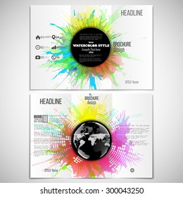 Vector set of tri-fold brochure design template on both sides with world globe element. Abstract circle black banners, watercolor stains and vintage style star burst, vector illustration.