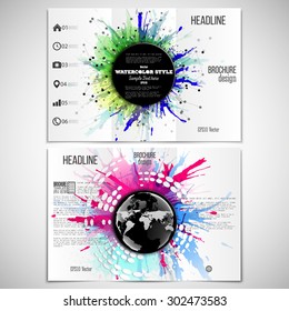 Vector set of tri-fold brochure design template on both sides with world globe element. Abstract circle black banners, watercolor stains  and molecular geometric grid, vector illustration.