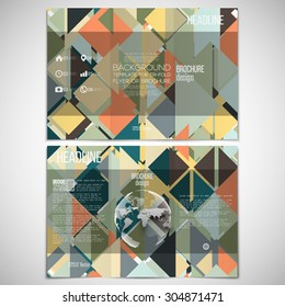 Vector set of tri-fold brochure design template on both sides with world globe element. Abstract colored background, triangle design vector illustration