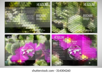 Vector set of tri-fold brochure design template on both sides. Pink flowers on the grass. Abstract multicolored backgrounds. Natural geometrical patterns. Triangular and hexagonal style.
