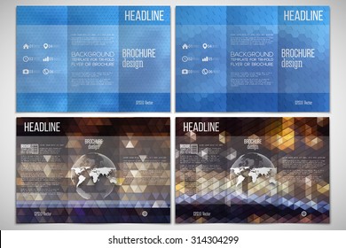 Vector set of tri-fold brochure design template on both sides with world globe element. Night landscape. Abstract multicolored backgrounds. Natural geometrical patterns. Triangular and hexagonal style
