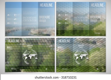 Vector set of tri-fold brochure design template on both sides with world globe element. Park landscape. Abstract multicolored backgrounds. Natural geometrical patterns. Triangular and hexagonal style.