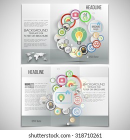 Vector set of tri-fold brochure design template on both sides. Gray backgrounds, infographics with colored circles for business vector templates.