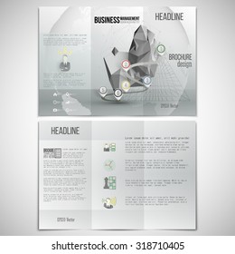 Vector set of tri-fold brochure design template on both sides. Gray background with timeline and world globe. Vector infographic template for your design.