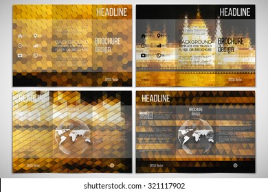 Vector set of tri-fold brochure design template on both sides. Night city landscape. Set of abstract multicolored backgrounds. Geometrical patterns. Triangular and hexagonal style vector