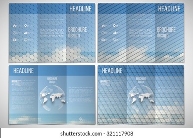 Vector set of tri-fold brochure design template on both sides. Blue cloudy sky. Collection of abstract multicolored backgrounds. Natural geometrical patterns. Triangular and hexagonal style vector