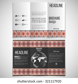 Vector set of tri-fold brochure design template on both sides with world globe element. Ukrainian folk art. Traditional national embroidered pattern. Abstract vector template.
