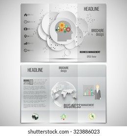 Vector set of tri-fold brochure design template on both sides. Gray background with world globe and human head with gears. Vector infographic template for your design.