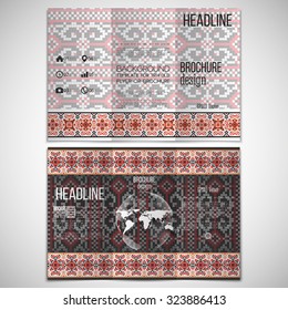 Vector set of tri-fold brochure design template on both sides with world globe element. Ukrainian folk art. Traditional national embroidered pattern. Abstract vector template.