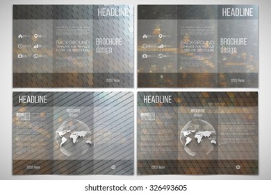 Vector set of tri-fold brochure design template on both sides. Night city landscape. Set of abstract multicolored backgrounds. Natural geometrical patterns. Triangular and hexagonal style vector