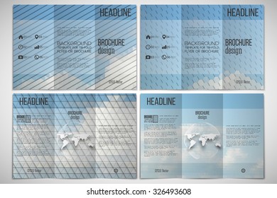 Vector set of tri-fold brochure design template on both sides. Blue cloudy sky. Set of abstract multicolored backgrounds. Geometrical patterns. Triangular and hexagonal style vector