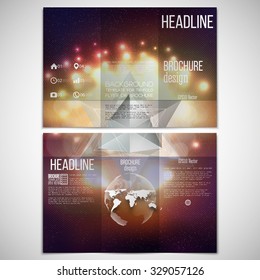 Vector set of tri-fold brochure design template on both sides with world globe element. Abstract multicolored background with bokeh lights and stars. Scientific or digital design, science vector 