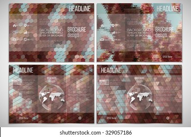 Vector set of tri-fold brochure design template on both sides. The tree with purple flowers. Set of abstract multicolored backgrounds. Natural geometrical patterns. Triangular and hexagonal style