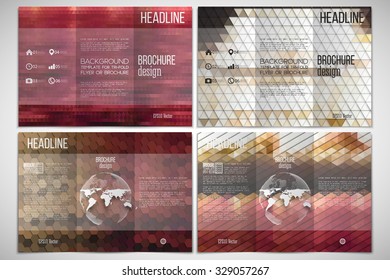 Vector set of tri-fold brochure design template on both sides with world globe element. Abstract multicolored backgrounds. Natural geometrical patterns. Triangular and hexagonal style vector.