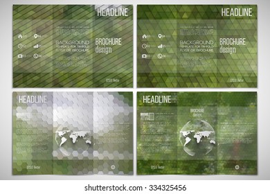 Vector set of tri-fold brochure design template on both sides with world globe element. Park landscape. Abstract multicolored backgrounds. Natural geometrical patterns. Triangular and hexagonal style.