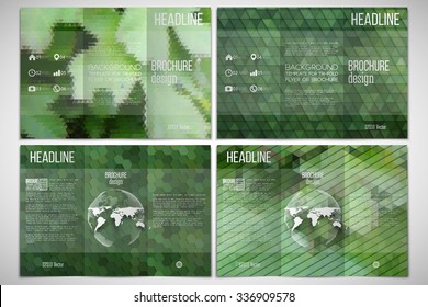 Vector set of tri-fold brochure design template on both sides. Green leaves texture. Abstract multicolored backgrounds. Natural geometrical patterns. Triangular and hexagonal style.