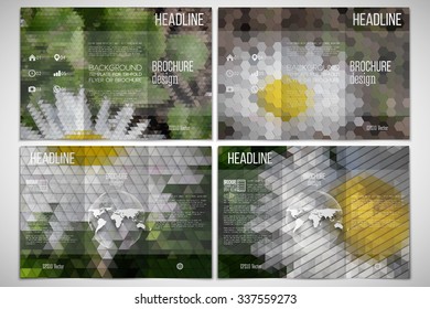 Vector set of tri-fold brochure design template on both sides. White flowers on the grass. Abstract multicolored backgrounds. Natural geometrical patterns. Triangular and hexagonal style
