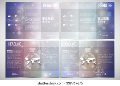 Vector set of tri-fold brochure design template on both sides with world globe element. Blue abstract winter background. Christmas vector style with snowflakes.