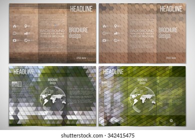 Vector set of tri-fold brochure design template on both sides with world globe element. Park landscape. Abstract multicolored backgrounds. Natural geometrical patterns. Triangular and hexagonal style.