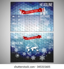 Vector set of tri-fold brochure design template on both sides with world globe element. Merry Christmas and happy New Year vector background.