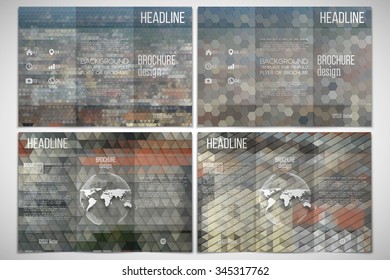 Vector set of tri-fold brochure design template on both sides with world globe element. City landscape. Abstract multicolored backgrounds. Natural geometrical patterns. Triangular and hexagonal style.