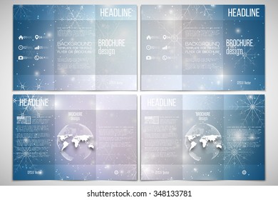 Vector set of tri-fold brochure design template on both sides with world globe element. Blue abstract winter background. Christmas vector style with snowflakes.