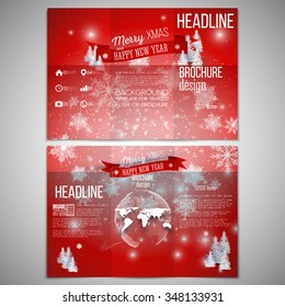 Vector set of tri-fold brochure design template on both sides with world globe element. Merry Christmas and happy New Year vector background.