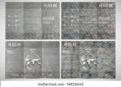 Vector set of tri-fold brochure design template on both sides with world globe element. Abstract multicolored backgrounds. Geometrical patterns. Triangular and hexagonal style.