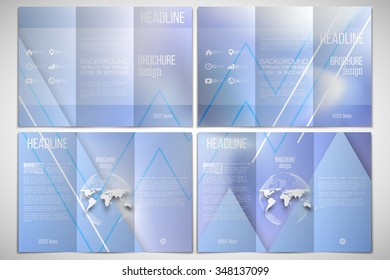 Vector set of tri-fold brochure design template on both sides with world globe element. Winter design, abstract blue background. 