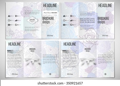 Vector set of tri-fold brochure design template on both sides with world globe element. Hand drawn floral doodle pattern, abstract vector background.