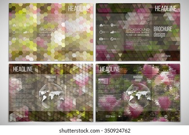 Vector set of tri-fold brochure design template on both sides. The tree with purple flowers. Set of abstract multicolored backgrounds. Natural geometrical patterns. Triangular and hexagonal style